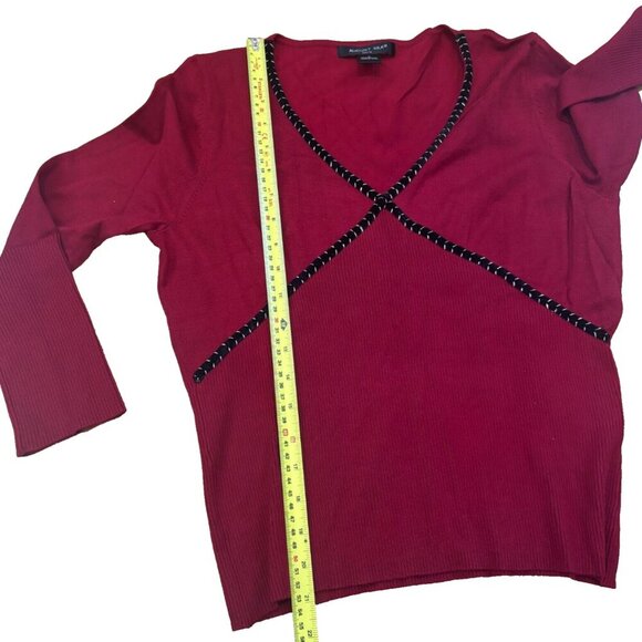August Silk VNeck Sweater Top Marron Red with Black and Gold Braid Trim Womens M - Picture 5 of 7